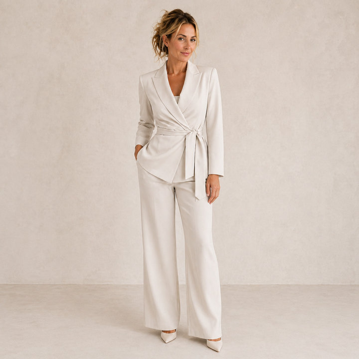 Women's two-piece outfit set with wrap blazer and straight-leg trousers in green and beige