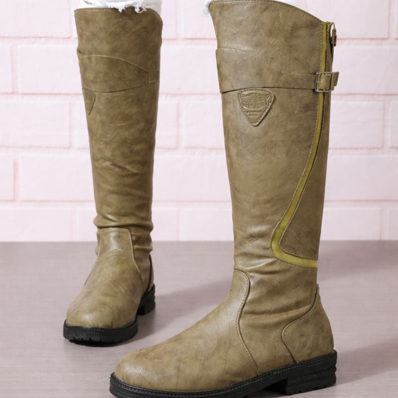 Women's knee-high boots with buckle strap, side zipper and lug sole