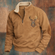 Men's quarter-zip pullover sweatshirt with embroidered deer motif and stand collar