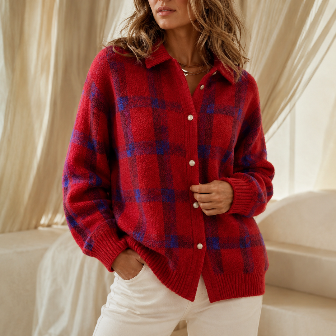 Women's oversized checked cardigan with collar, long sleeves and button front
