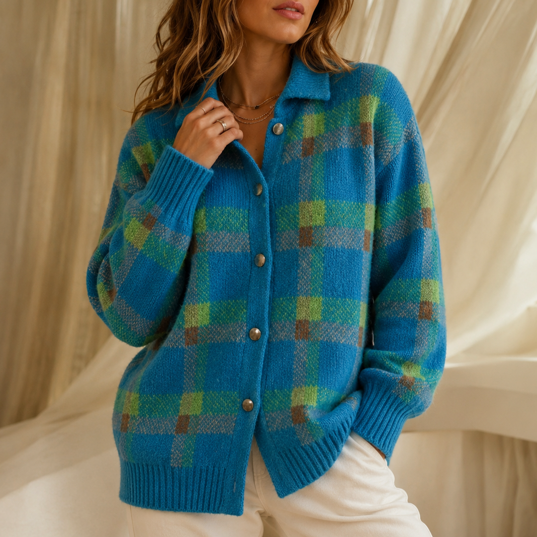Women's oversized checked cardigan with collar, long sleeves and button front