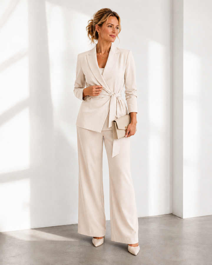 Women's two-piece outfit set with wrap blazer and straight-leg trousers in green and beige