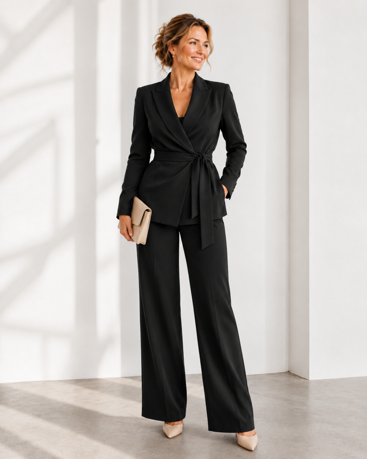 Women's two-piece outfit set with wrap blazer and straight-leg trousers in green and beige