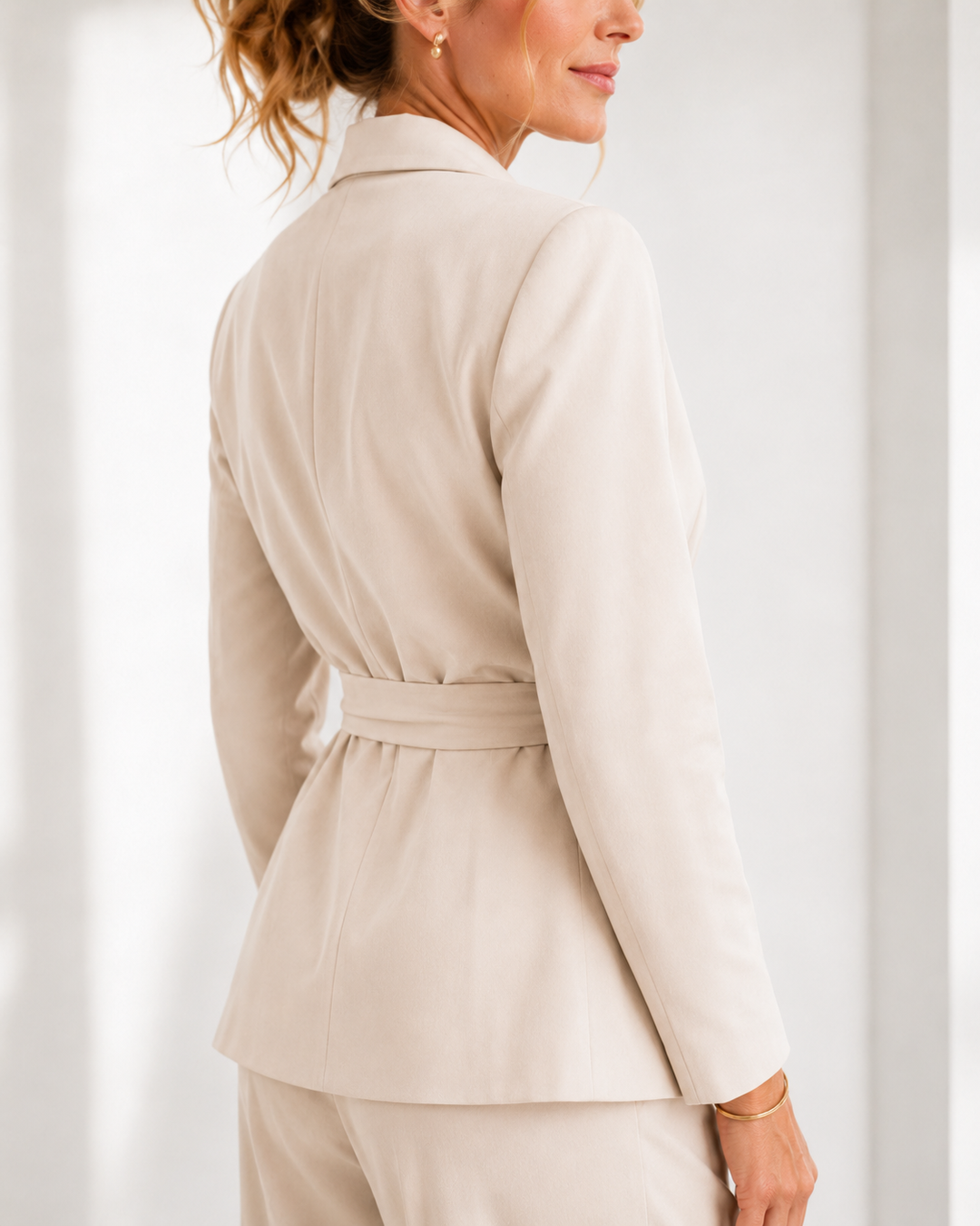 Women's two-piece outfit set with wrap blazer and straight-leg trousers in green and beige