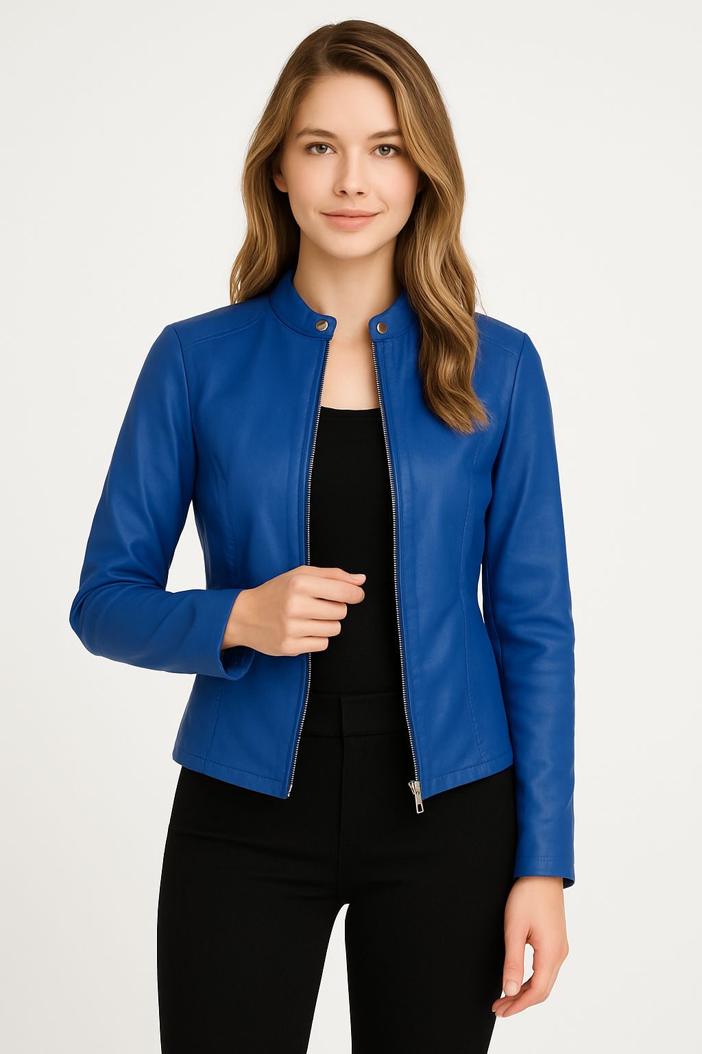 Women's short jacket with mandarin collar, long sleeves, front zip and zipped pockets
