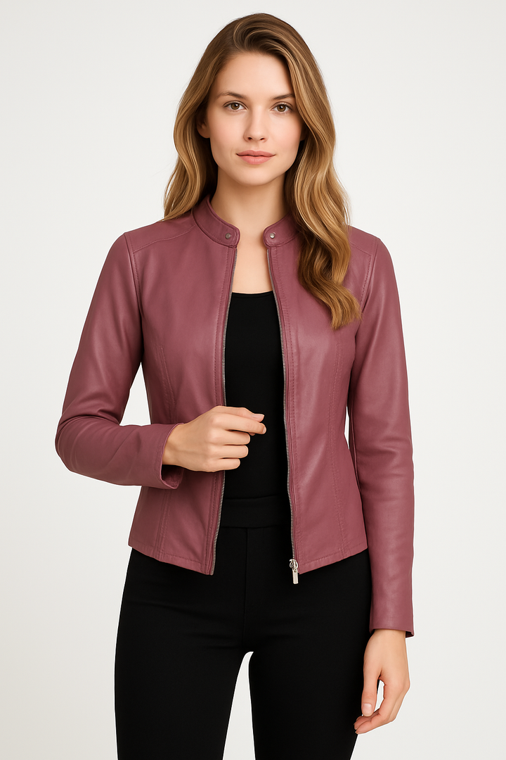 Women's short jacket with mandarin collar, long sleeves, front zip and zipped pockets