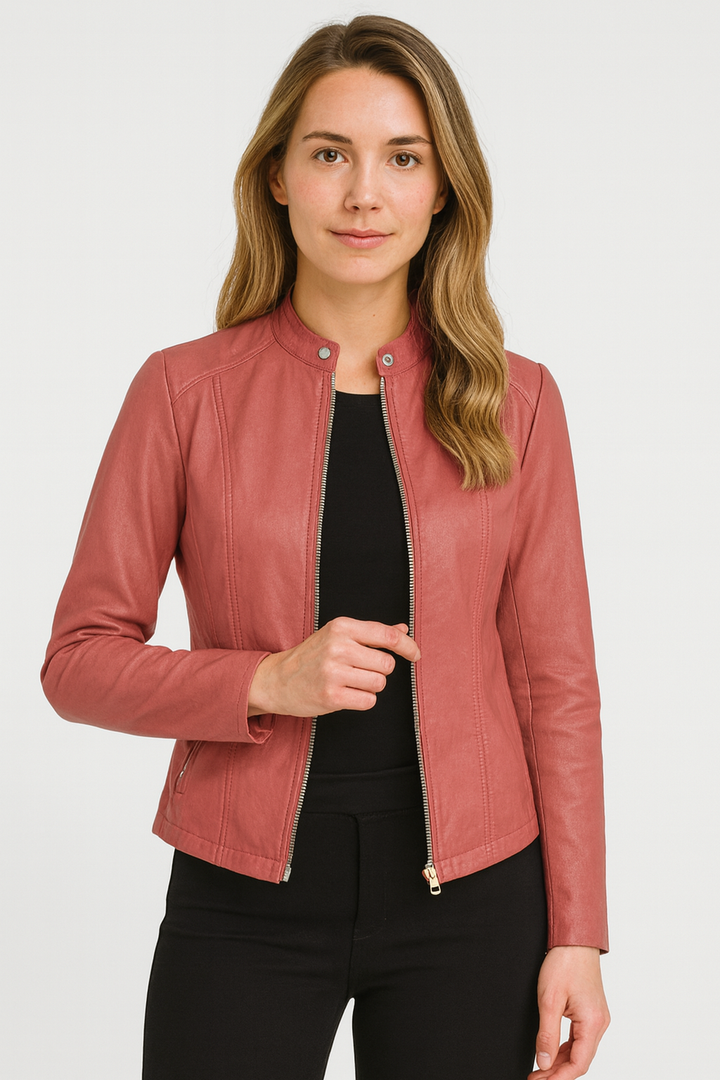 Women's short jacket with mandarin collar, long sleeves, front zip and zipped pockets