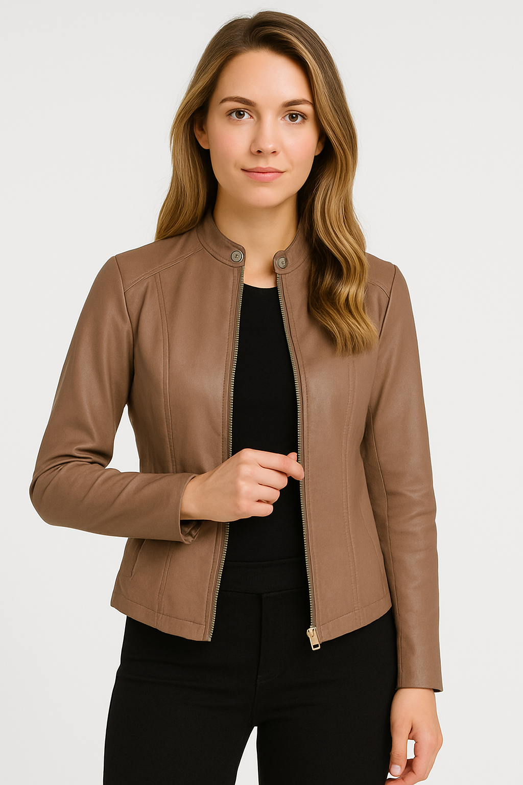 Women's short jacket with mandarin collar, long sleeves, front zip and zipped pockets