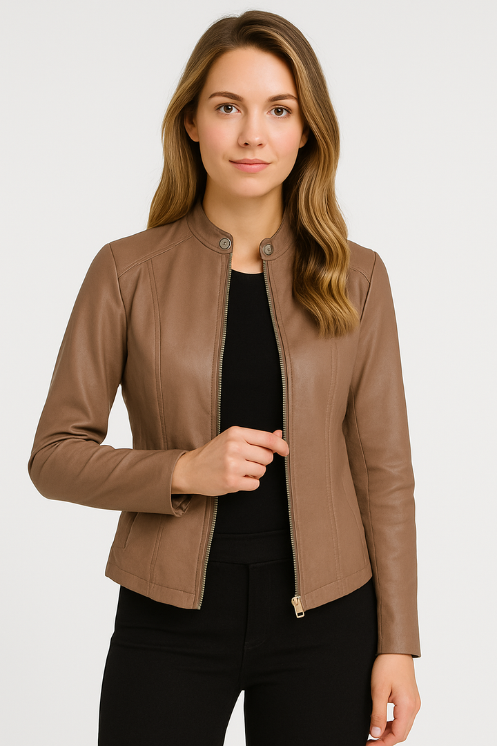 Women's short jacket with mandarin collar, long sleeves, front zip and zipped pockets