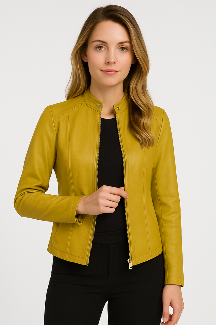 Women's short jacket with mandarin collar, long sleeves, front zip and zipped pockets