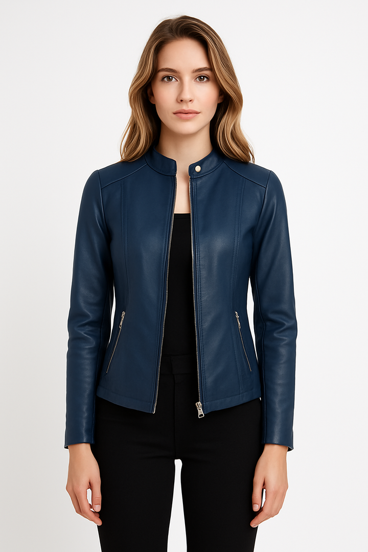 Women's short jacket with mandarin collar, long sleeves, front zip and zipped pockets