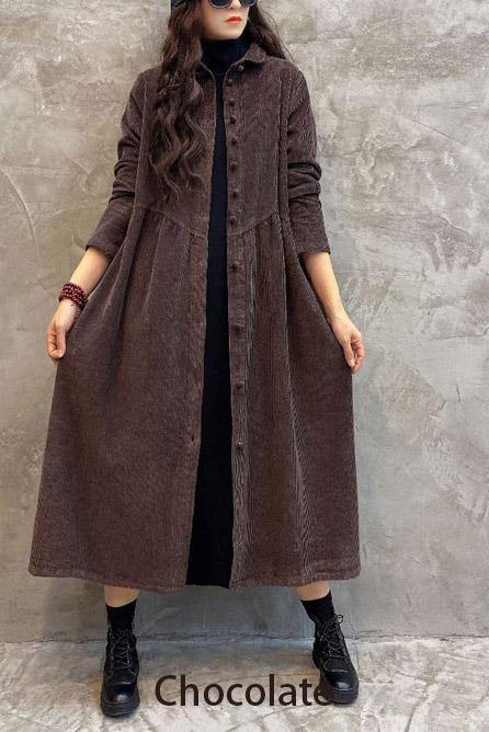 Women's long ribbed button-front coat with flared silhouette and side pockets