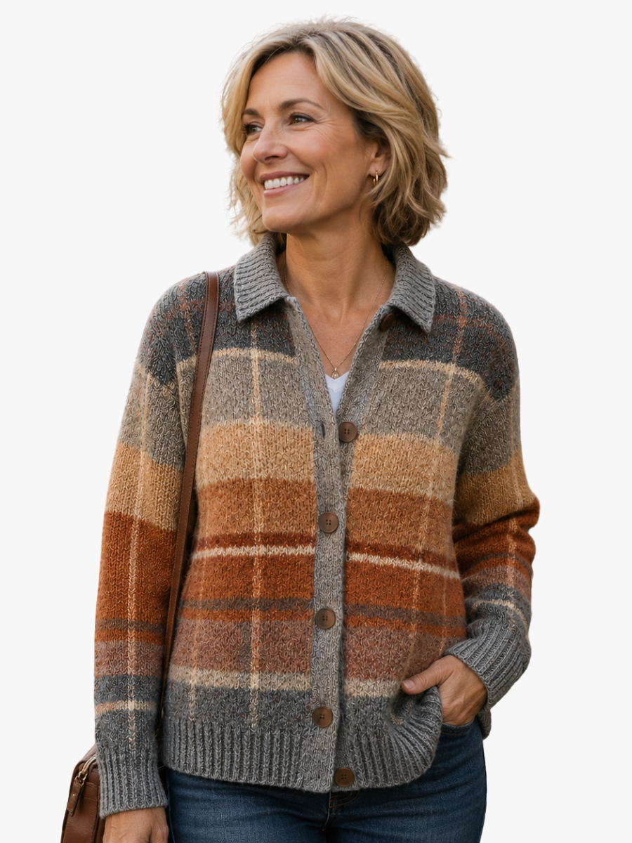 Women's multicoloured checked knit cardigan with shirt collar and button front