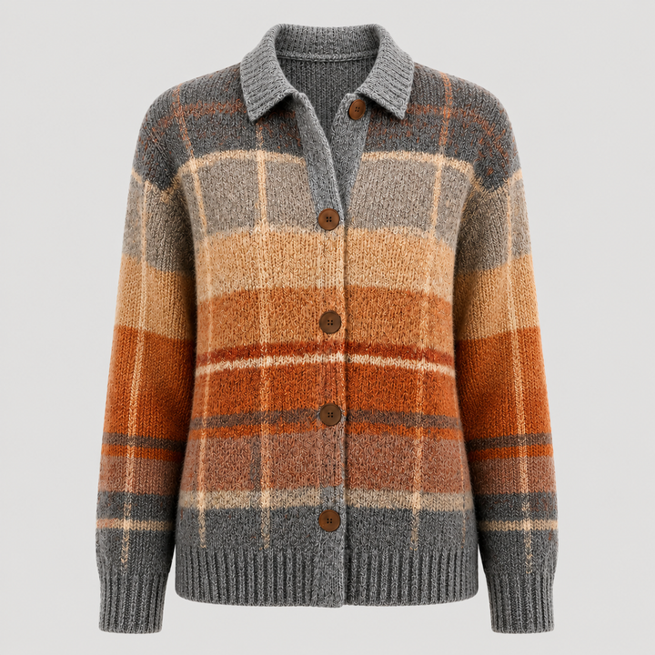 Women's multicoloured checked knit cardigan with shirt collar and button front