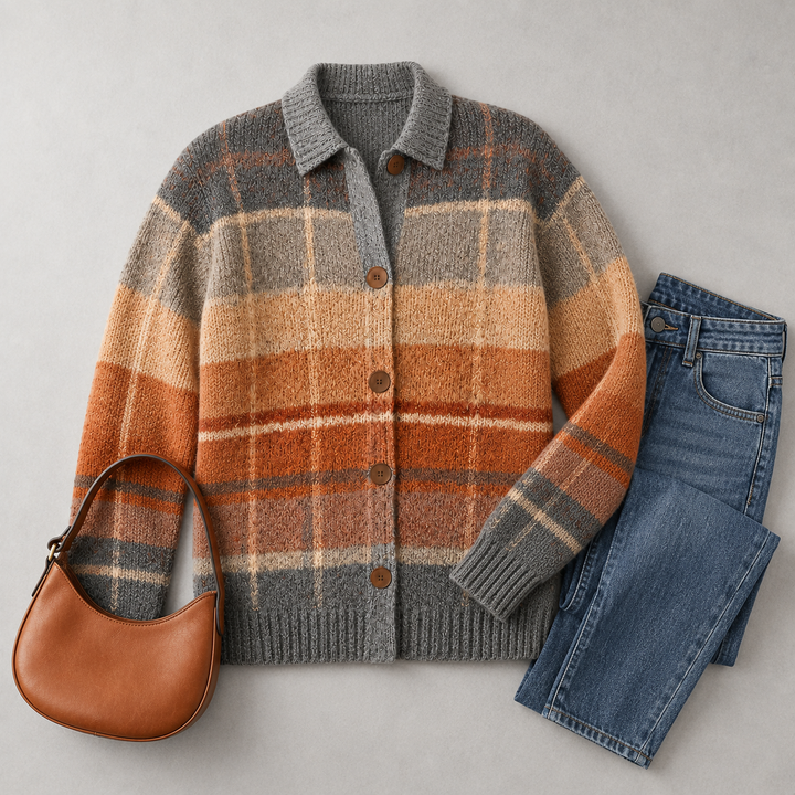 Women's multicoloured checked knit cardigan with shirt collar and button front