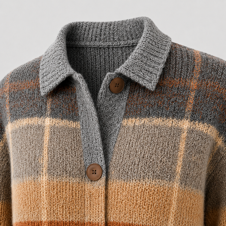 Women's multicoloured checked knit cardigan with shirt collar and button front