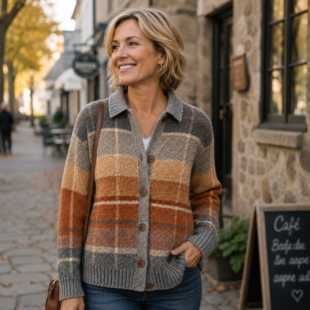 Women's multicoloured checked knit cardigan with shirt collar and button front