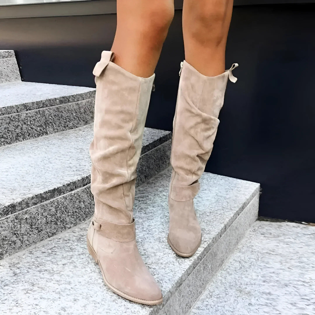 Women's slouch knee-high boots with low block heel and ankle strap details