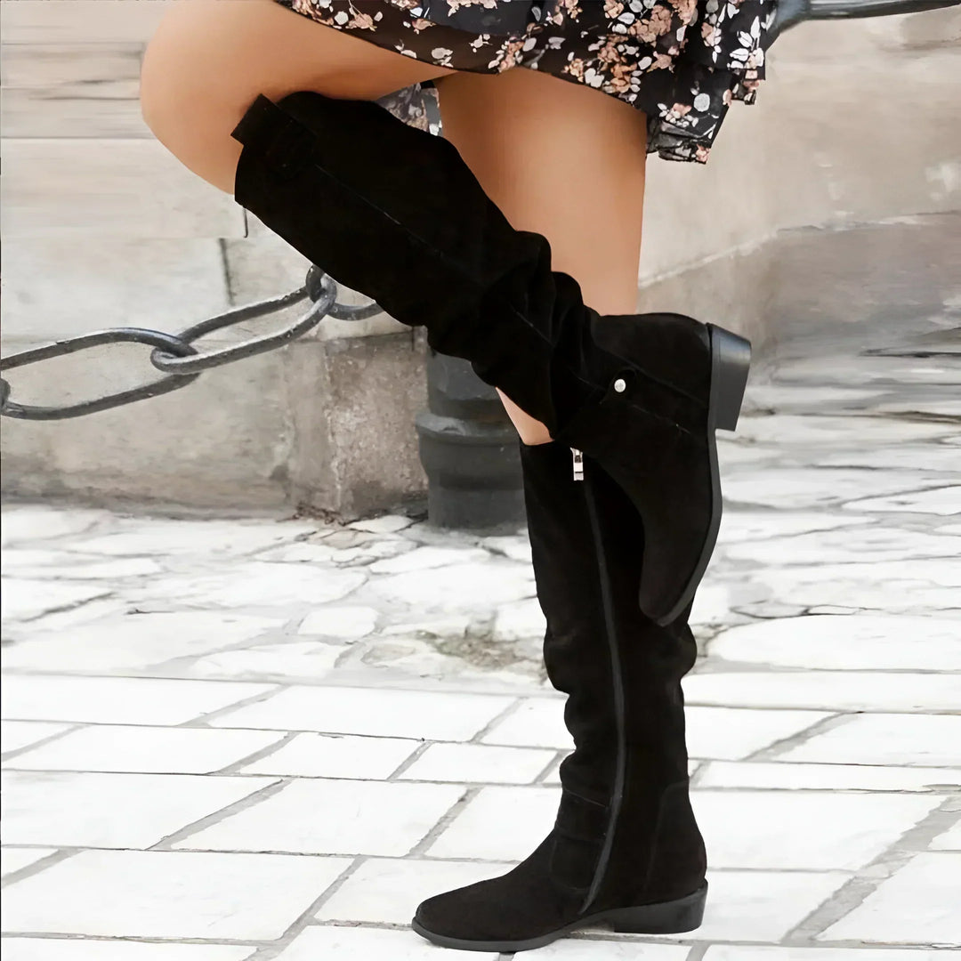 Women's slouch knee-high boots with low block heel and ankle strap details