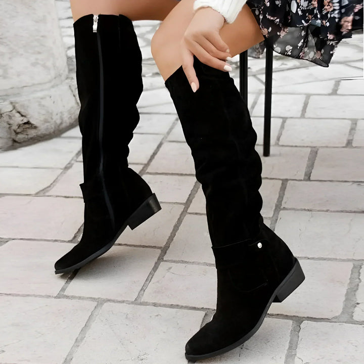 Women's slouch knee-high boots with low block heel and ankle strap details