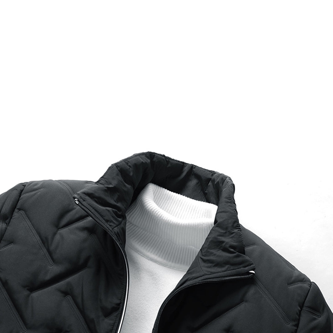 Men's quilted jacket with stand collar, geometric pattern and zipped pockets