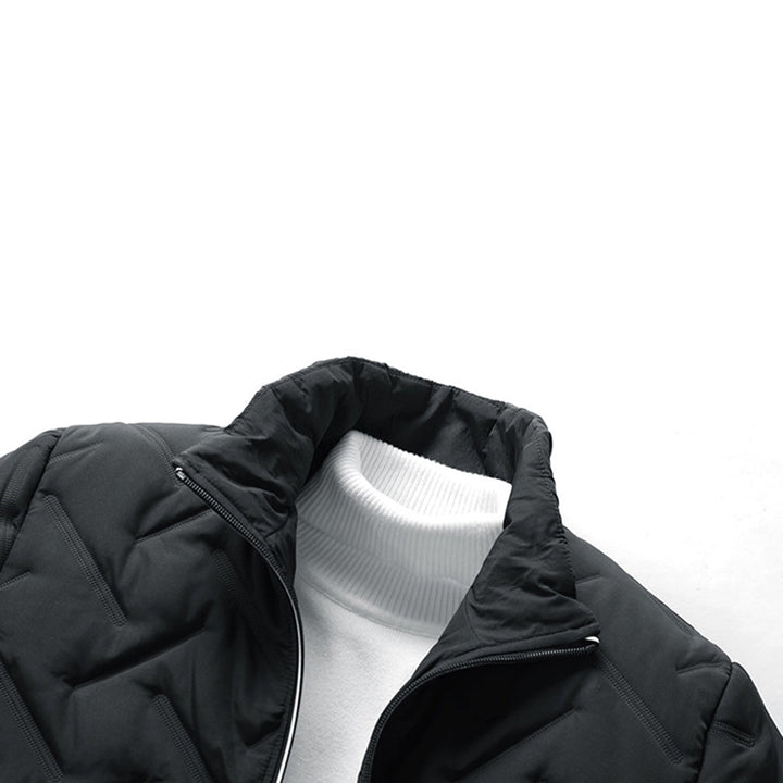 Men's quilted jacket with stand collar, geometric pattern and zipped pockets