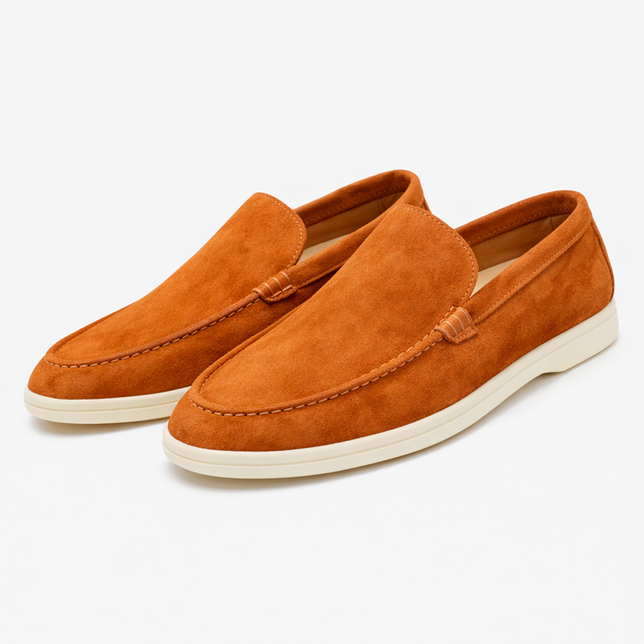 Como suede slip-on loafer in burgundy and beige with cream sole
