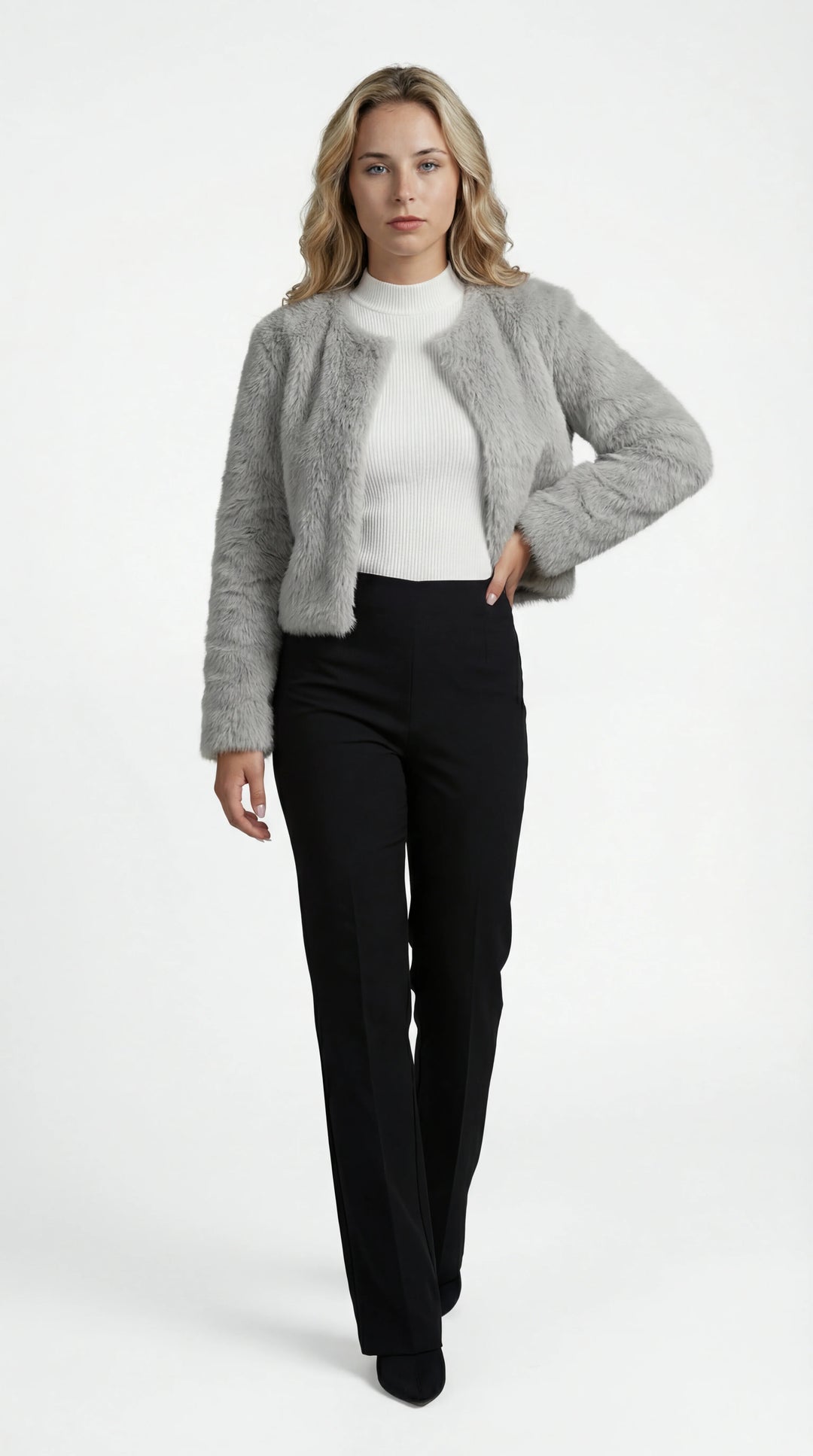 Women's cropped faux fur jacket with round neckline