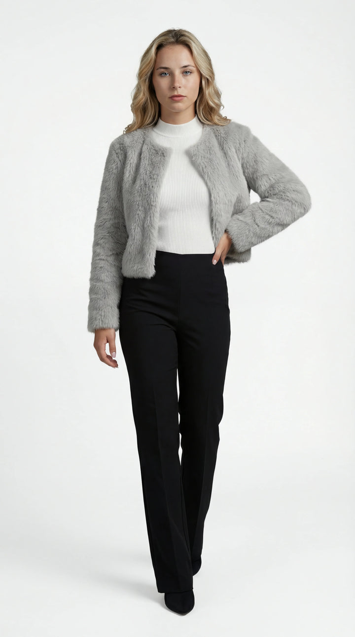 Women's cropped faux fur jacket with round neckline
