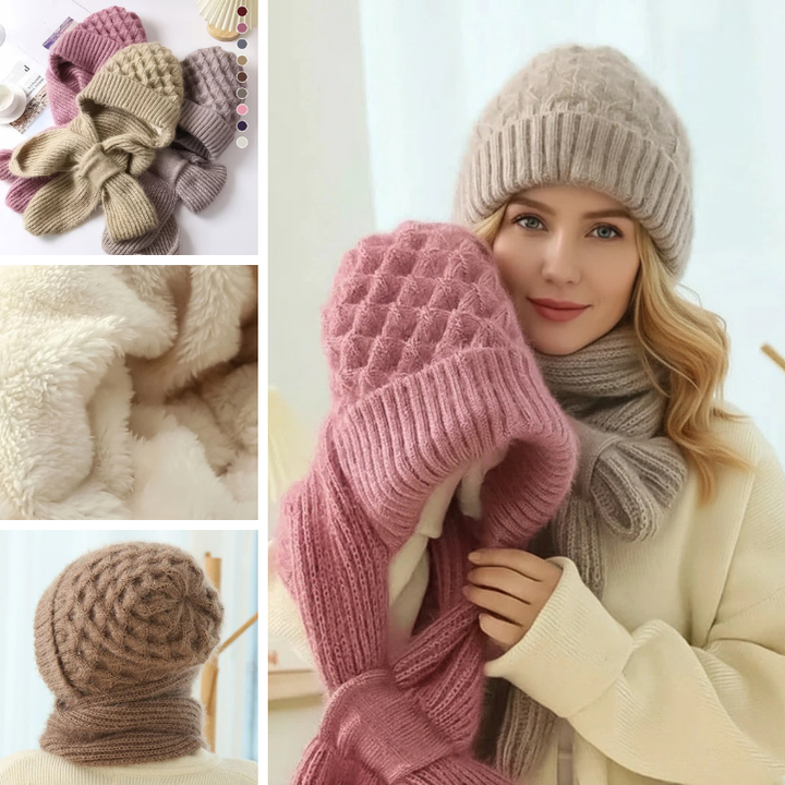 Women's ribbed winter hat and long scarf set with ear coverage