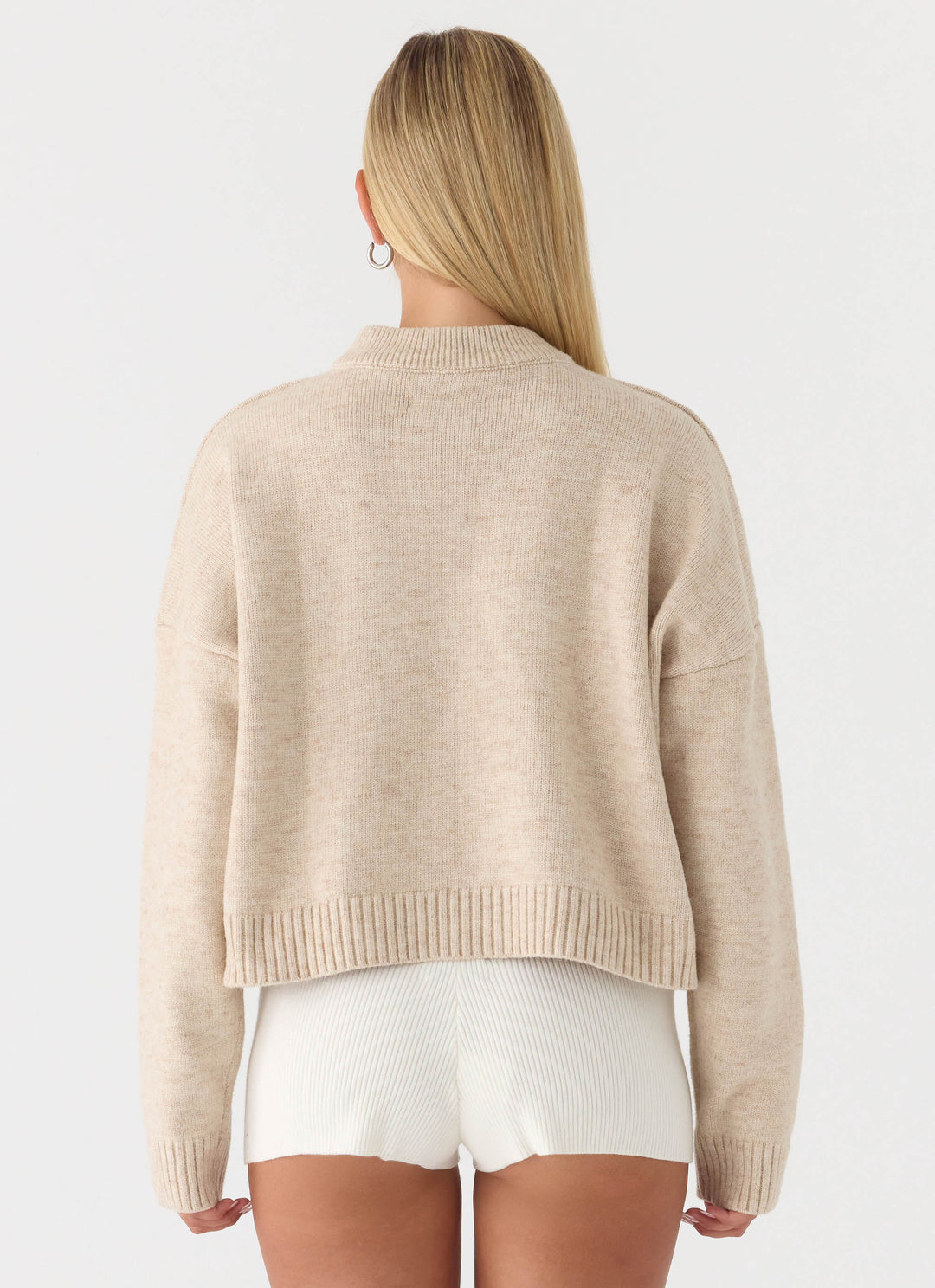 Women's beige button-up mock neck jumper with long sleeves and ribbed trims
