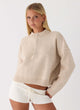 Women's beige button-up mock neck jumper with long sleeves and ribbed trims