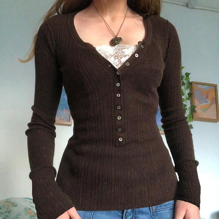 Women's ribbed knit top with long sleeves and button front
