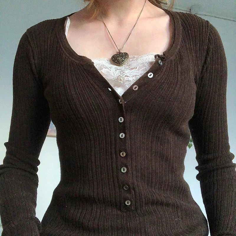 Women's ribbed knit top with long sleeves and button front