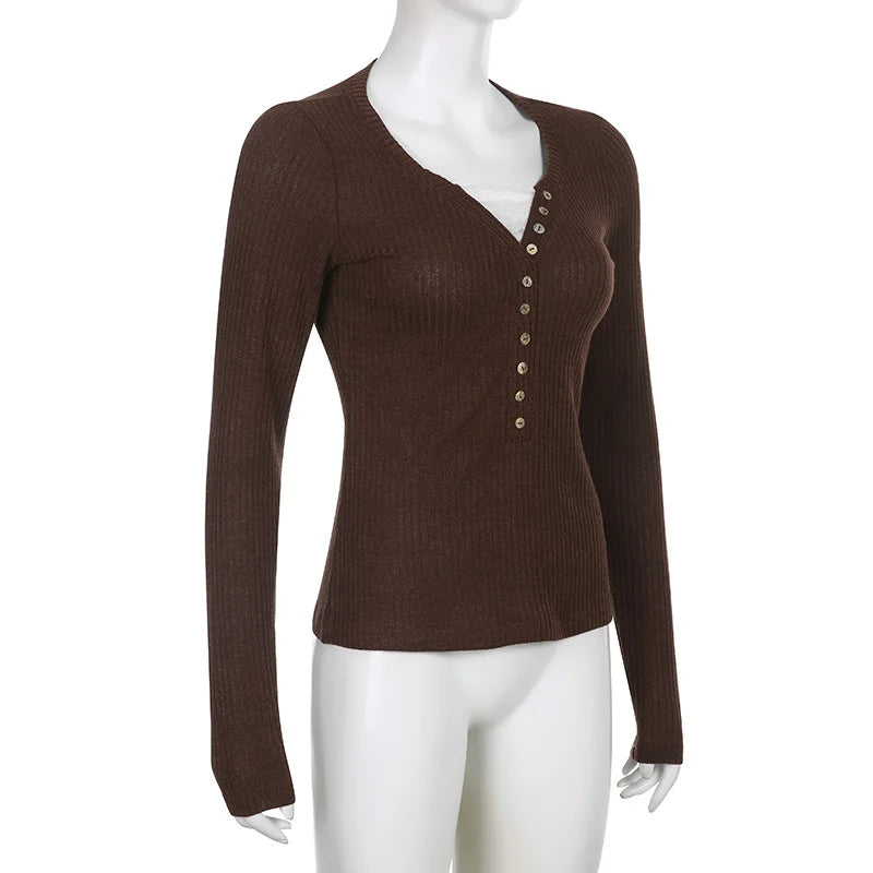 Women's ribbed knit top with long sleeves and button front