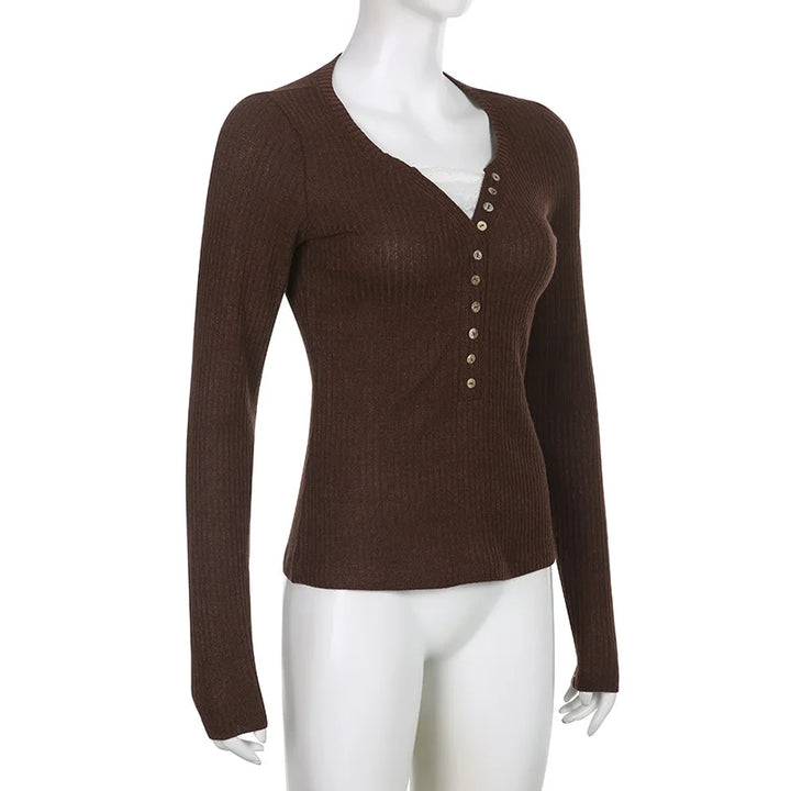 Women's ribbed knit top with long sleeves and button front
