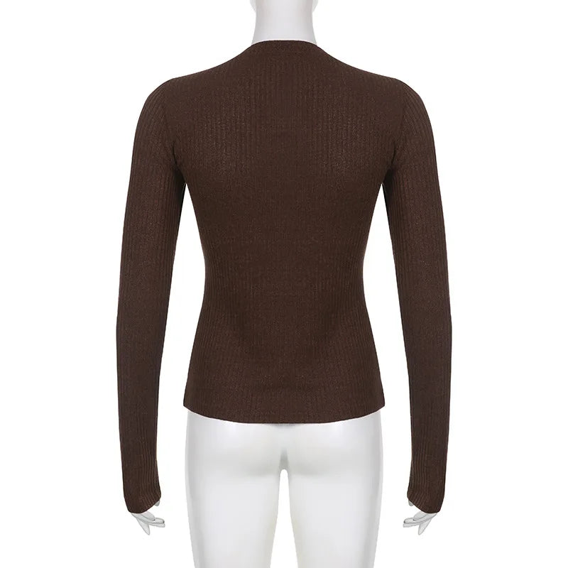 Women's ribbed knit top with long sleeves and button front