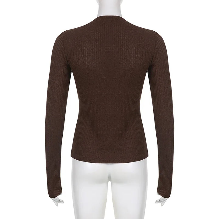 Women's ribbed knit top with long sleeves and button front