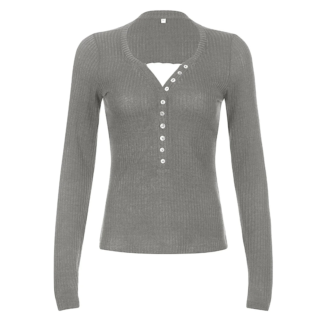 Women's ribbed knit top with long sleeves and button front