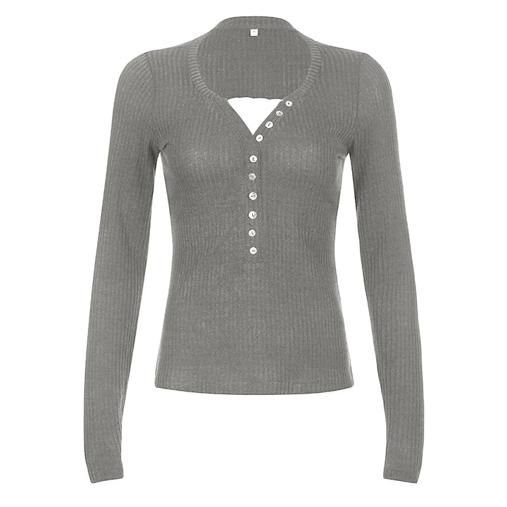 Women's ribbed knit top with long sleeves and button front