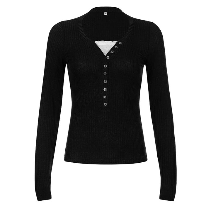 Women's ribbed knit top with long sleeves and button front