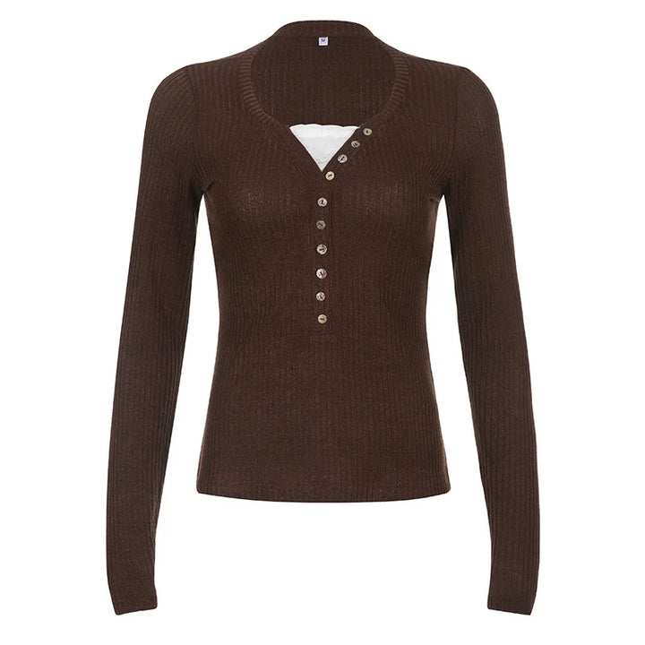 Women's ribbed knit top with long sleeves and button front