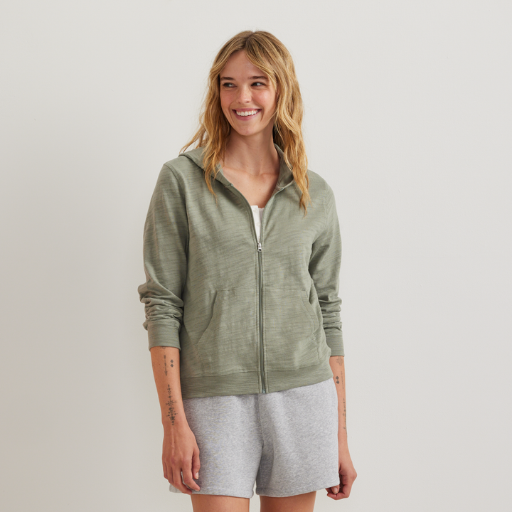 Women's hooded full-zip sweatshirt with long sleeves and front pockets