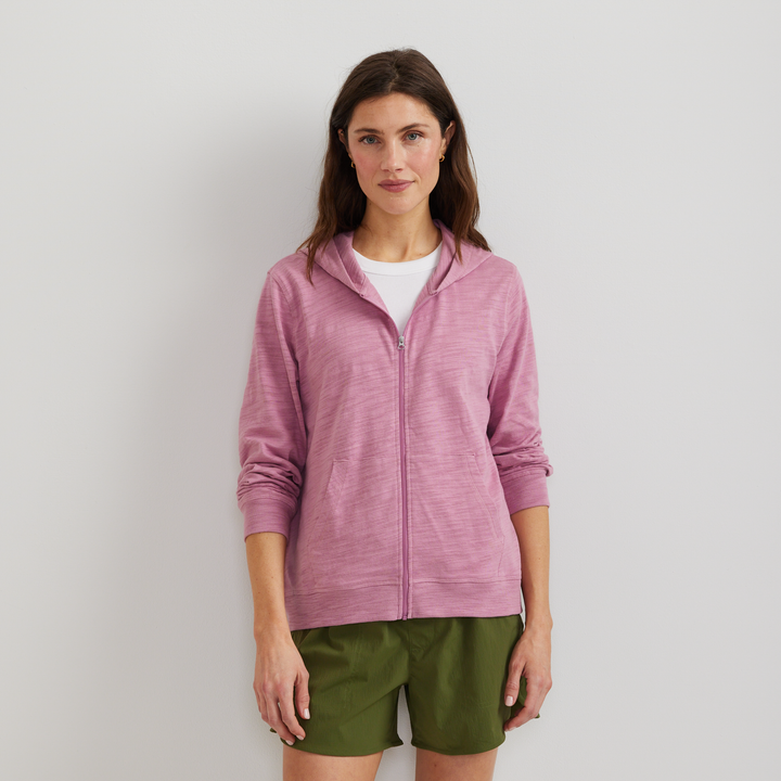 Women's hooded full-zip sweatshirt with long sleeves and front pockets