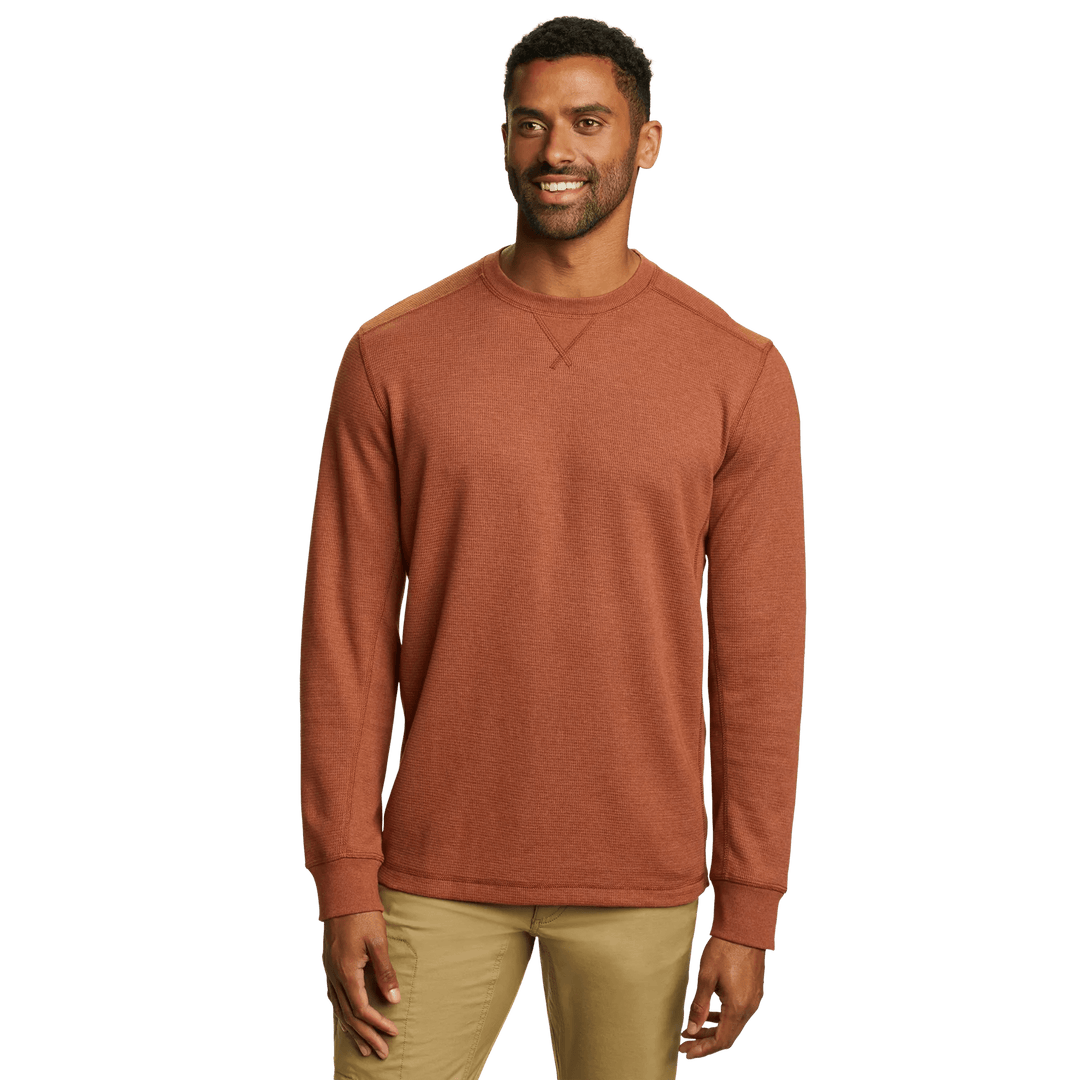 Men's long sleeve crew neck top with fine ribbed texture and cuffed sleeves