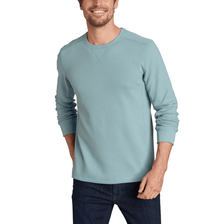 Men's long sleeve crew neck top with fine ribbed texture and cuffed sleeves