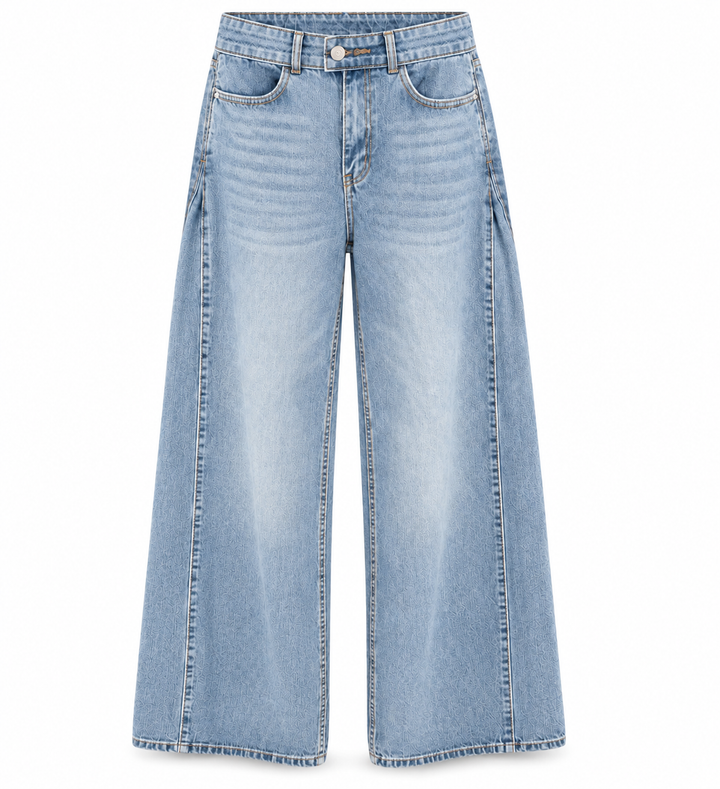 Women's light blue wide leg jeans with button and zip fly