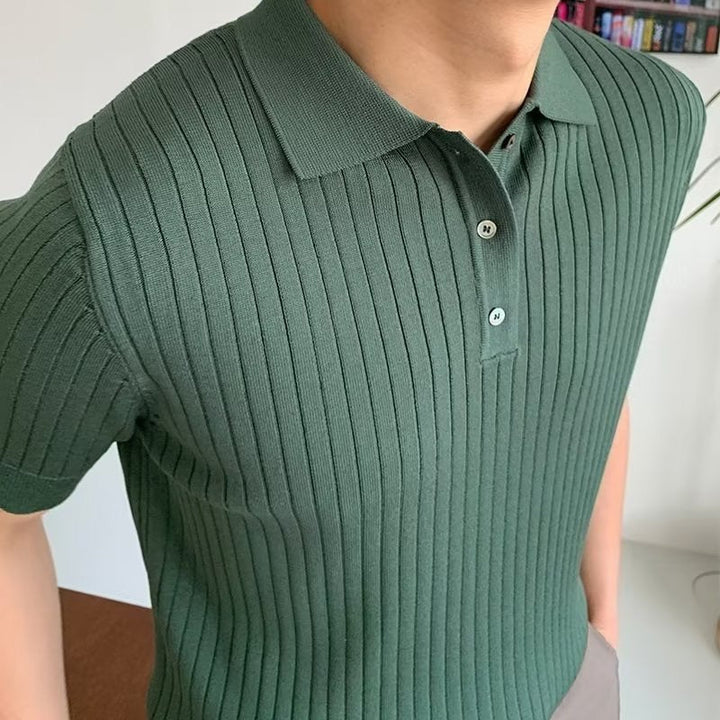 Men's ribbed polo shirt with short sleeves and button placket