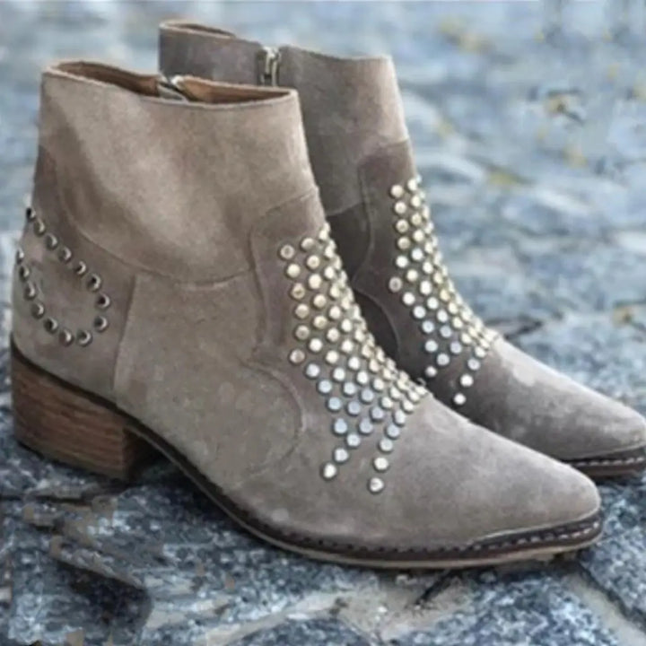 Women's beige ankle boots with metallic studs and mid block heels