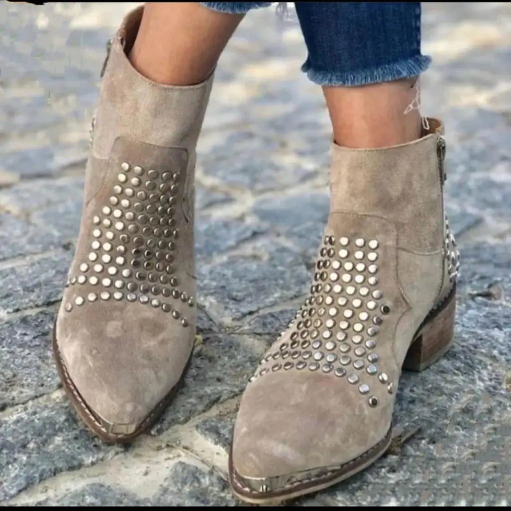 Women's beige ankle boots with metallic studs and mid block heels